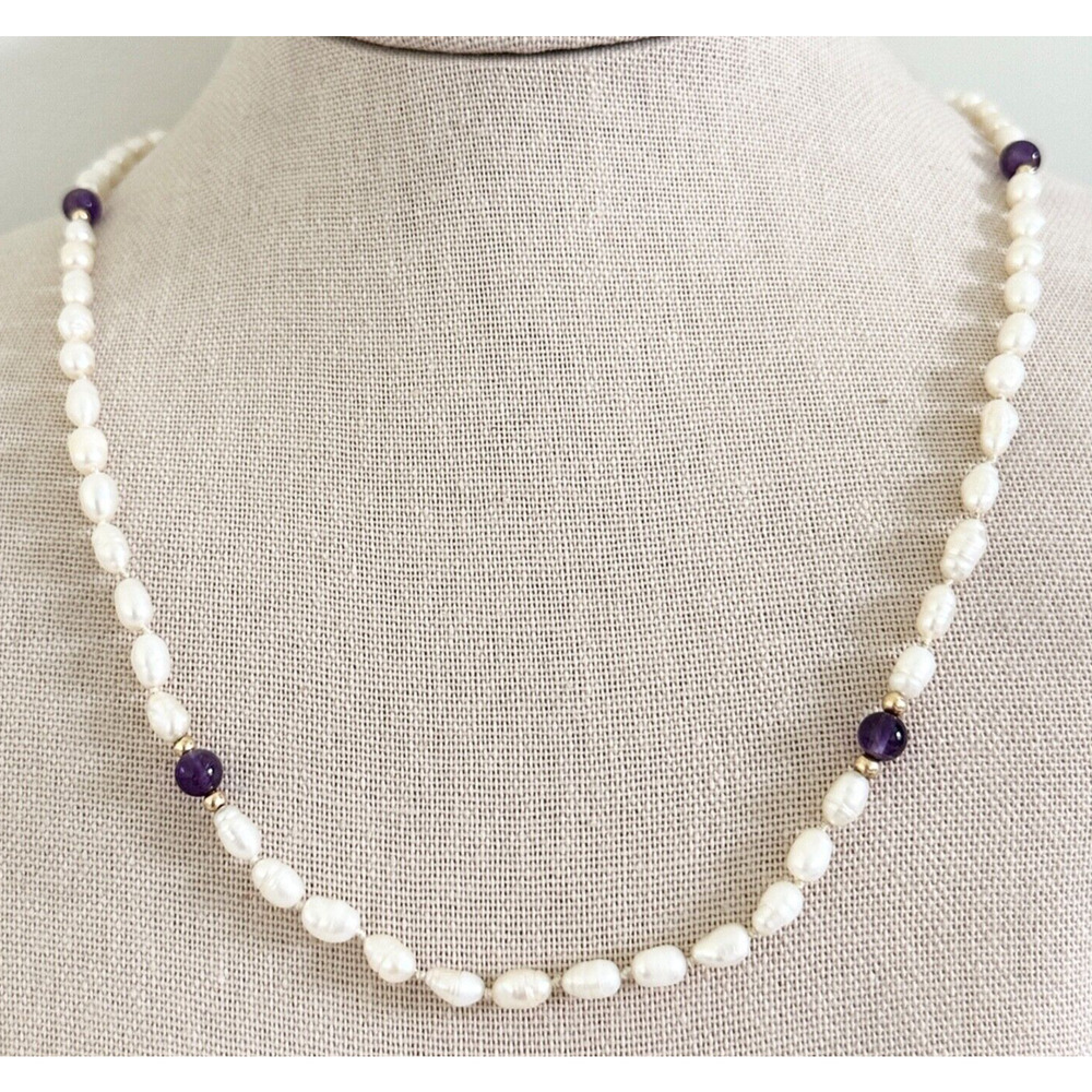 Vintage Genuine Freshwater Pearls 14K Gold Amethyst Beaded Strand Necklace 32"
